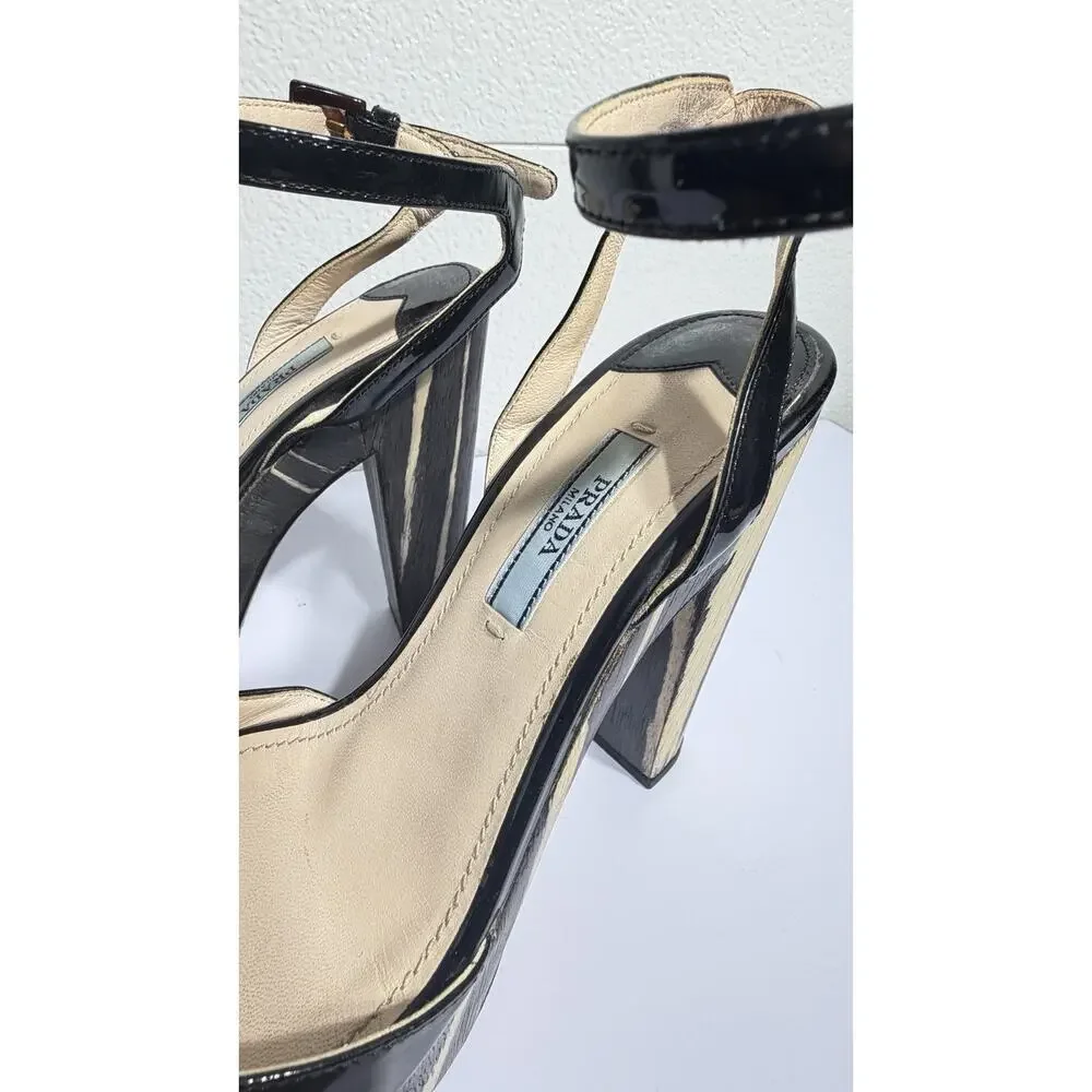 Prada Platform Heels Black Patent Wood Grain Ankle Strap Sz 37 - Picture 5 of 14